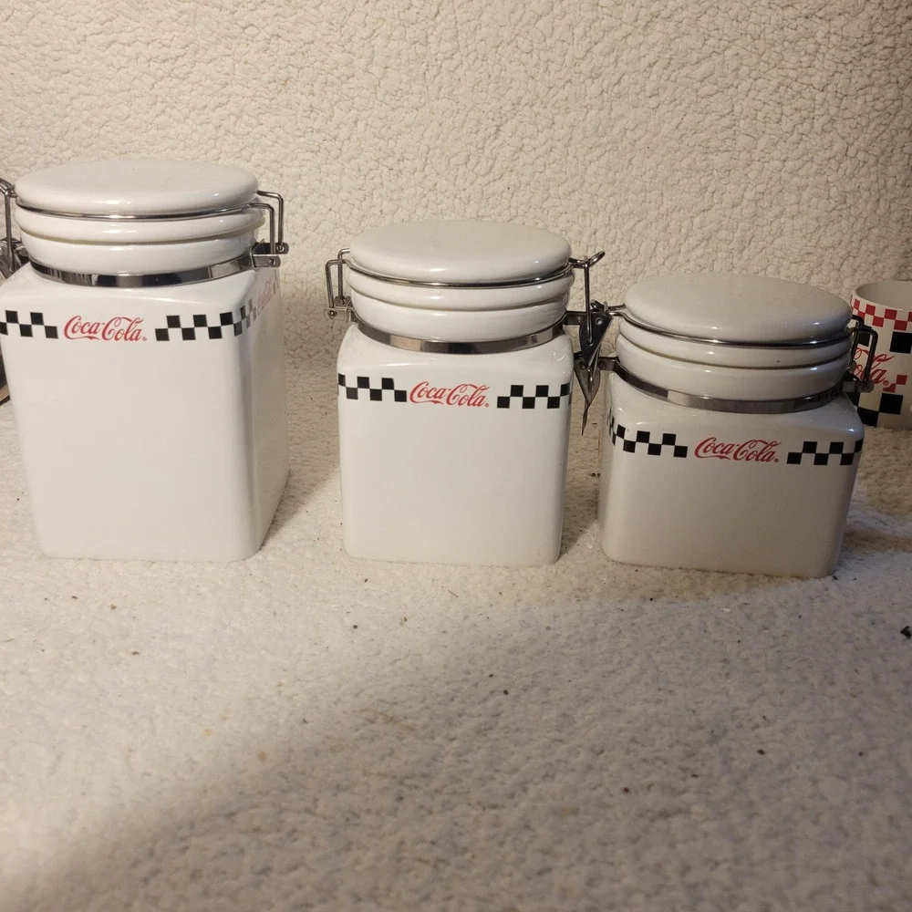 Coca-Cola Gibson Ceramic Canister Set 3pc White‎ Diner Checkered Retro 2002